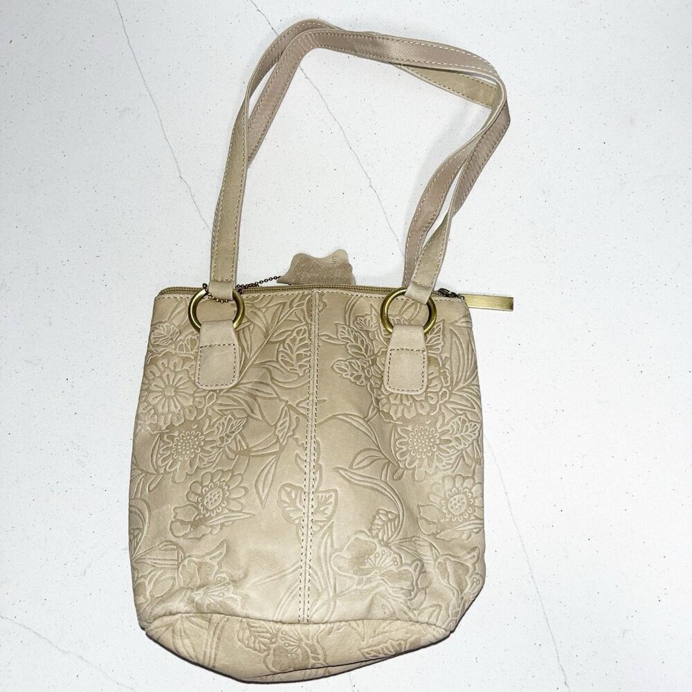 AMANDA SMITH Light Tan Embossed Floral Genuine Leather Handbag